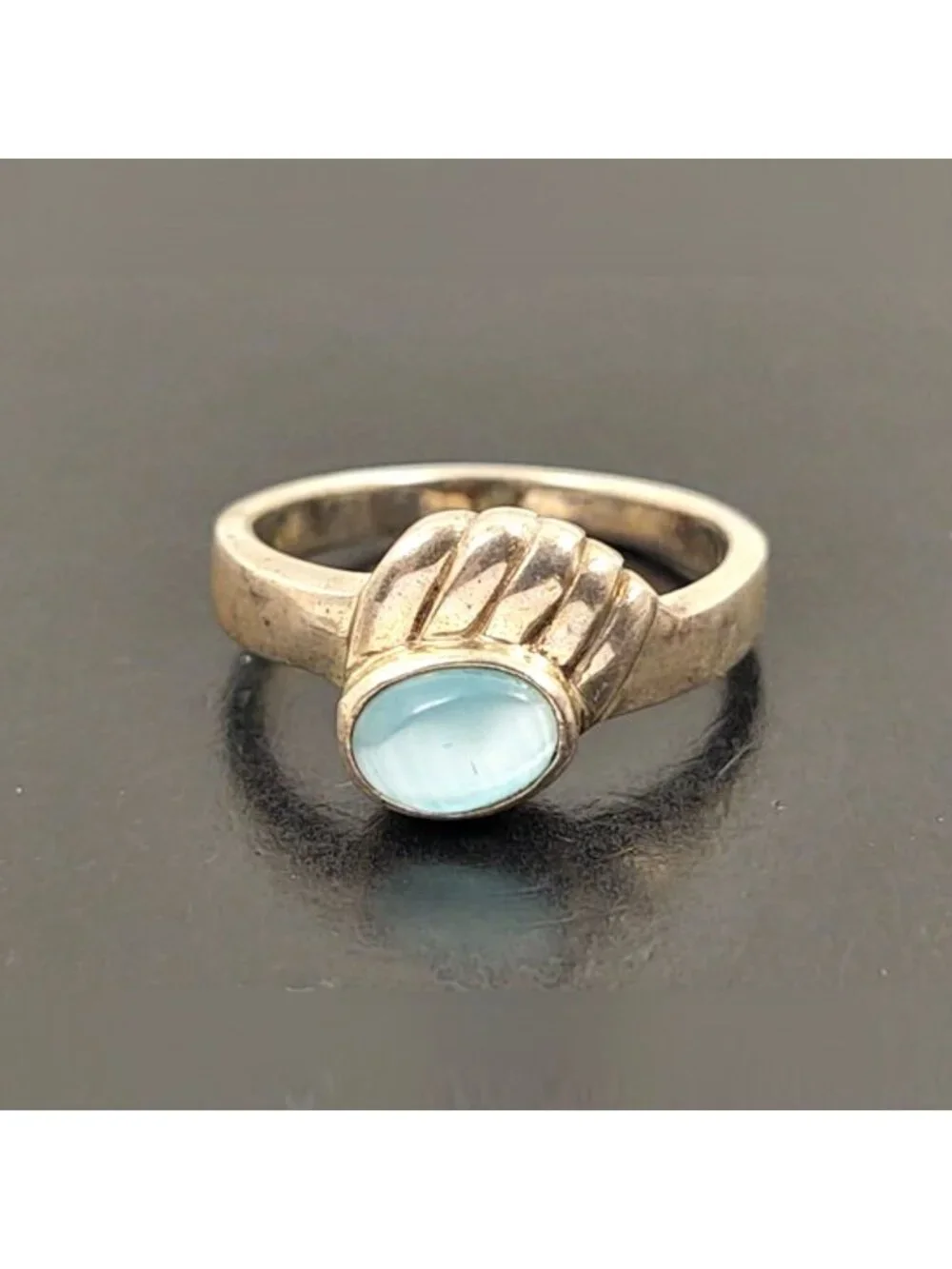 Vintage Sterling Silver Light Blue Chalcedony Oval Cabochon Ring Size 8
